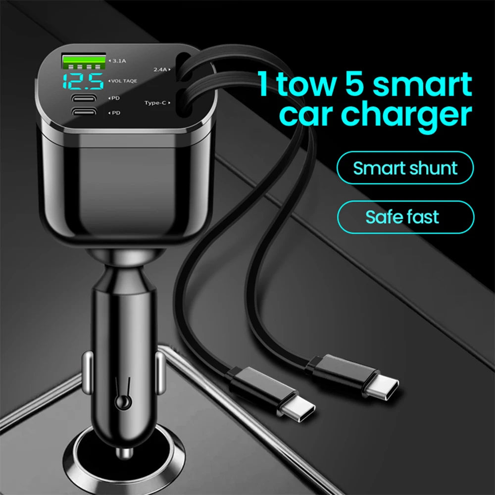 Elough 5-in-1 Retractable Car Charger – 2 USB-C
