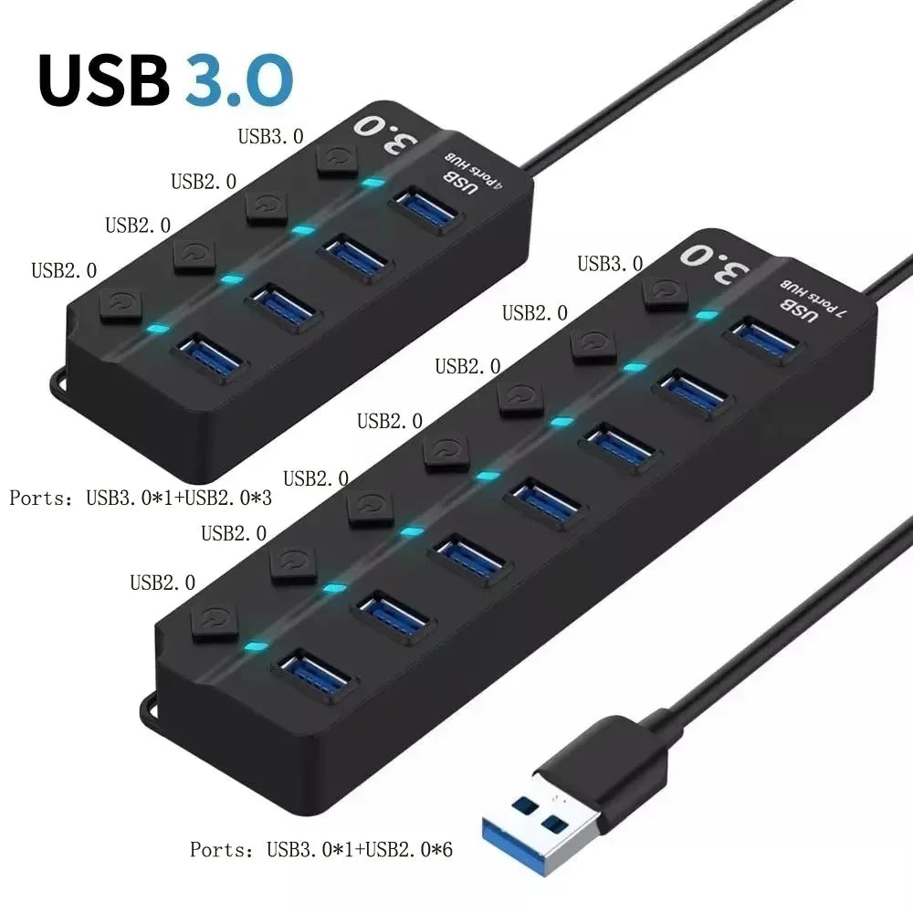 USB 3.0 Hub – 4 or 7 Ports, Independent Switches