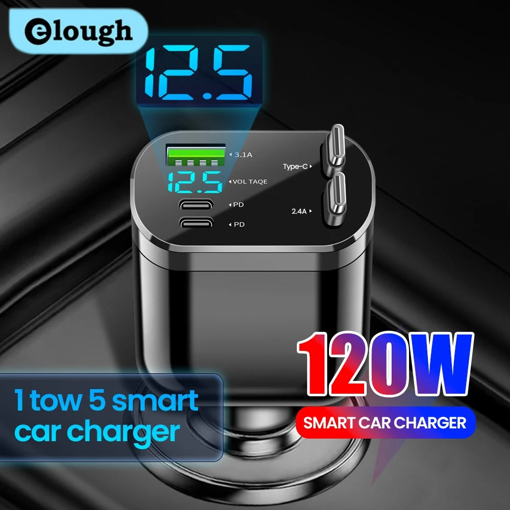Elough 5-in-1 Retractable Car Charger – 2 USB-C