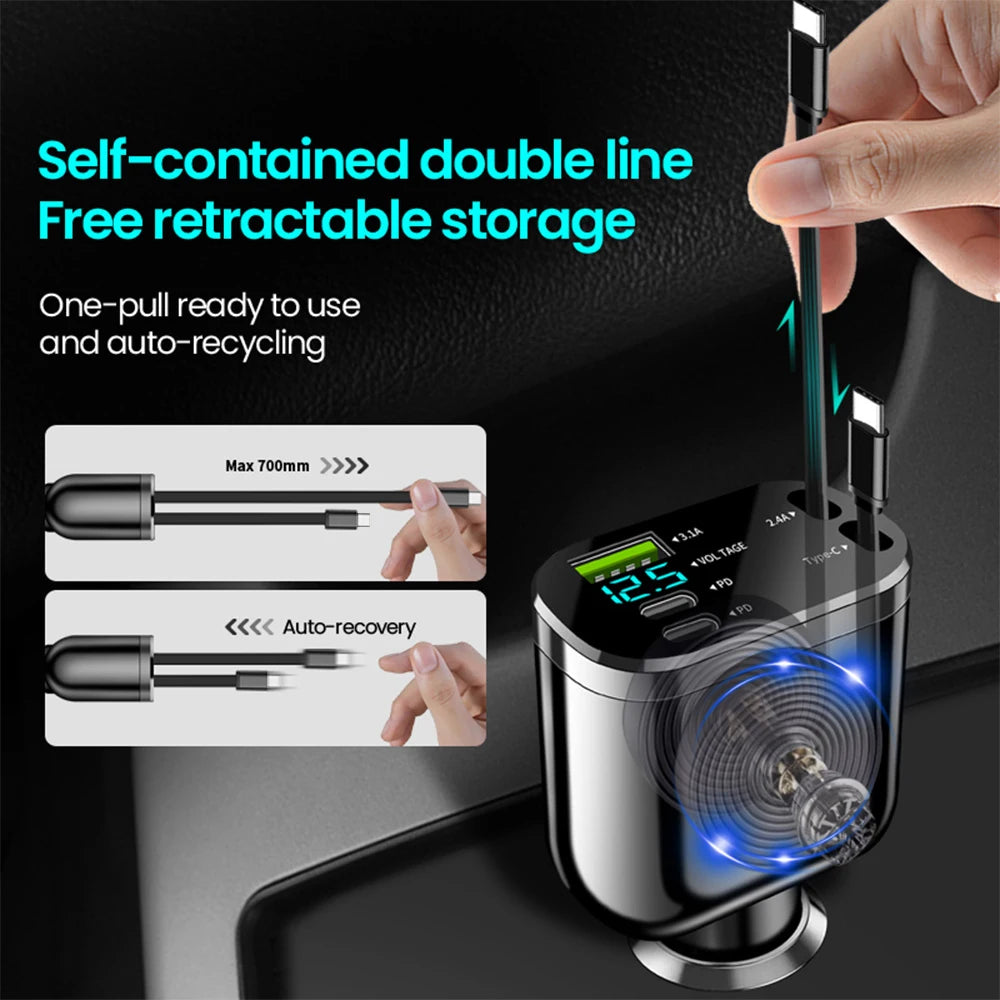 Elough 5-in-1 Retractable Car Charger – 2 USB-C